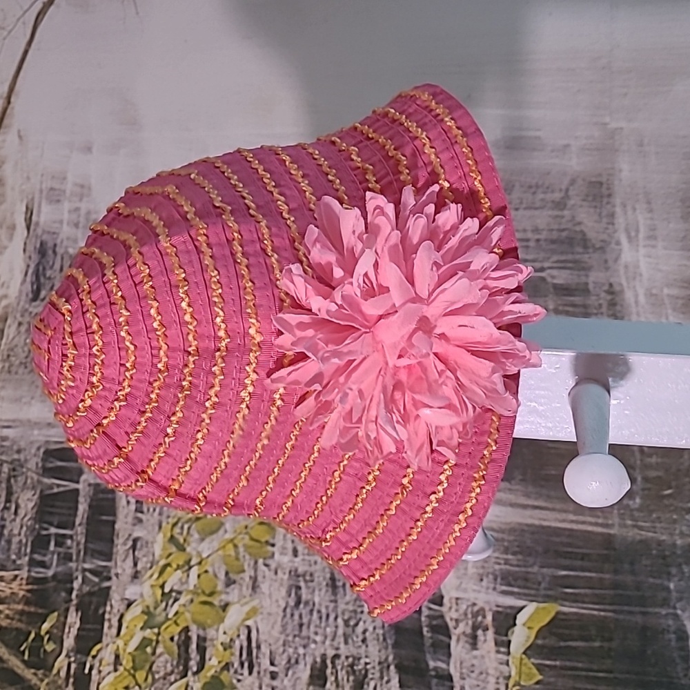 Girls toddler pink yellow striped aqua sun beach hat with fluffy floral accent